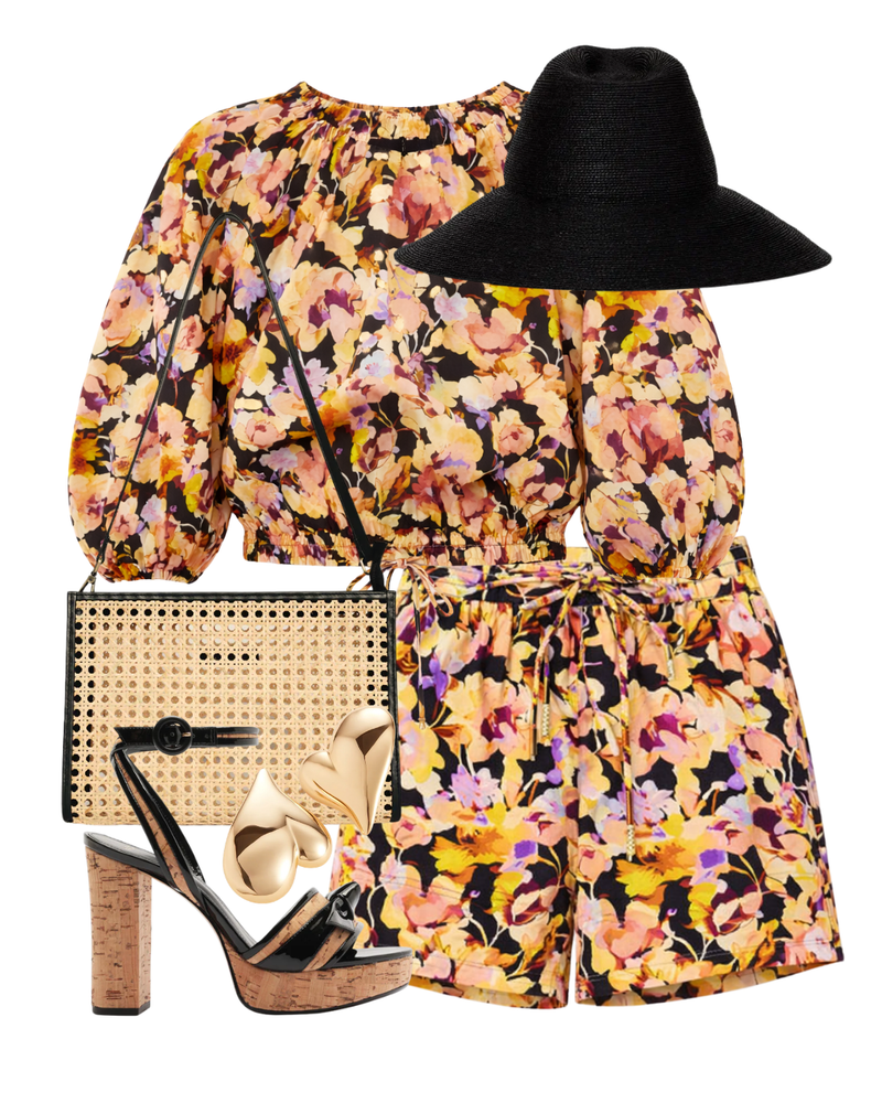 A complete styled outfit consisting of Clarita Cork 120 Platform Sandal, Lucie Bubble Sleeve Top, Rowan Cotton Short in Night Bloom, Colette Hat in Black, Cecilia Bag in Black Rattan, Mega Art Heart Button Earrings in High Polish Gold — Shop The Look — AMY Atelier