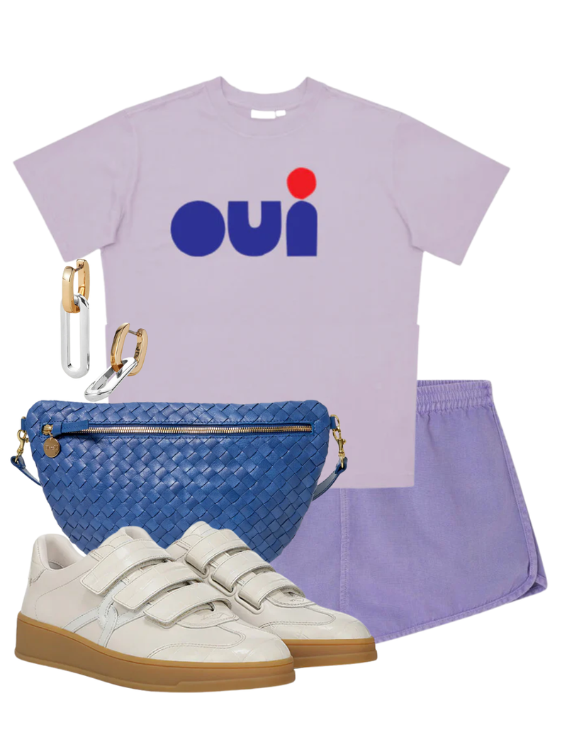 A complete styled outfit consisting of Classic Tee - Cut-Out Oui in Jacaranda, Lycaz Shorts in Viola Vintage, French Blue Diagonal Woven Medium Grande Fanny, Reagan Velcro Sneaker in Parchment, Teeni Detachable Link Earrings — Shop The Look — AMY Atelier