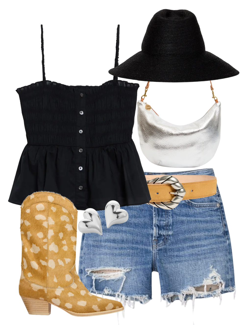 A complete styled outfit consisting of Colette Hat in Black, Tullia Top in Black, Skipper Short N Long Girls Just Want To Have Sun, Embella Suede Belt in Sand, Lune Lamba Bag in Silver, Loretta Boot in Spotted Haircalf, Art Heart Symmetrical Button Earrings in High Polish Silver — Shop The Look — AMY Atelier