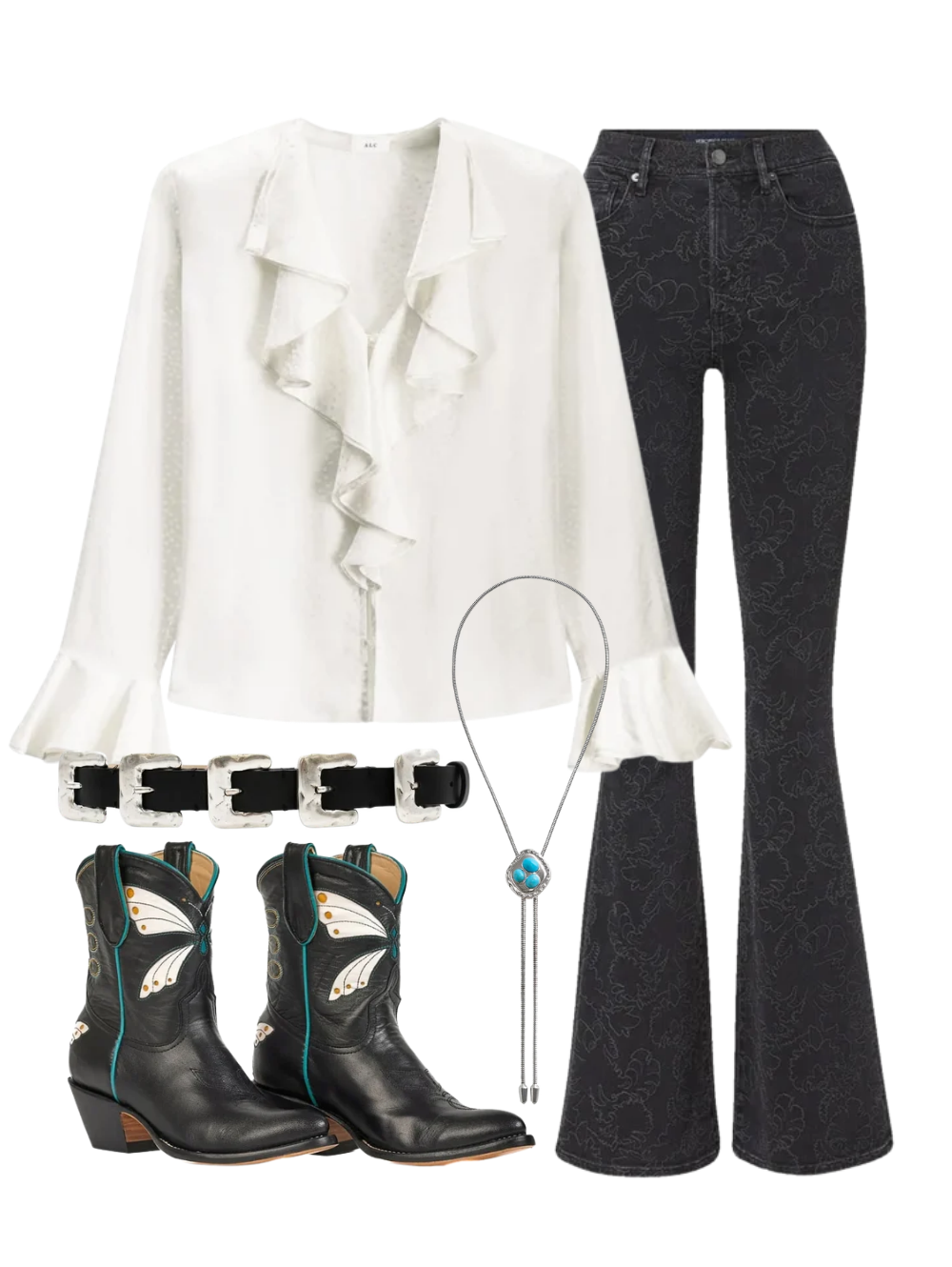 A complete styled outfit consisting of Butterfly Women's Cowboy Boot in Black, Colette Top in Ivory, Beverly Jean with All Over Embroidery in Washed Onyx, Multi Silver Buckle Belt in Black, The Joanna Bolo with Turquoise — Shop The Look — AMY Atelier