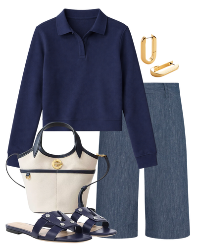 Cotton Terry Polo Sweatshirt in Navy — Shop The Look | AMY Atelier
