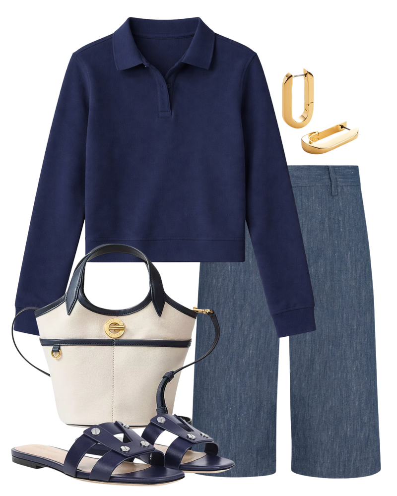 A complete styled outfit consisting of Cotton Terry Polo Sweatshirt in Navy, Denim Bermuda Trousers, Canvas Leather-Trimmed Anchor Bag, Via Slide Sandal in Navy, U-Link Gold Earrings — Shop The Look — AMY Atelier