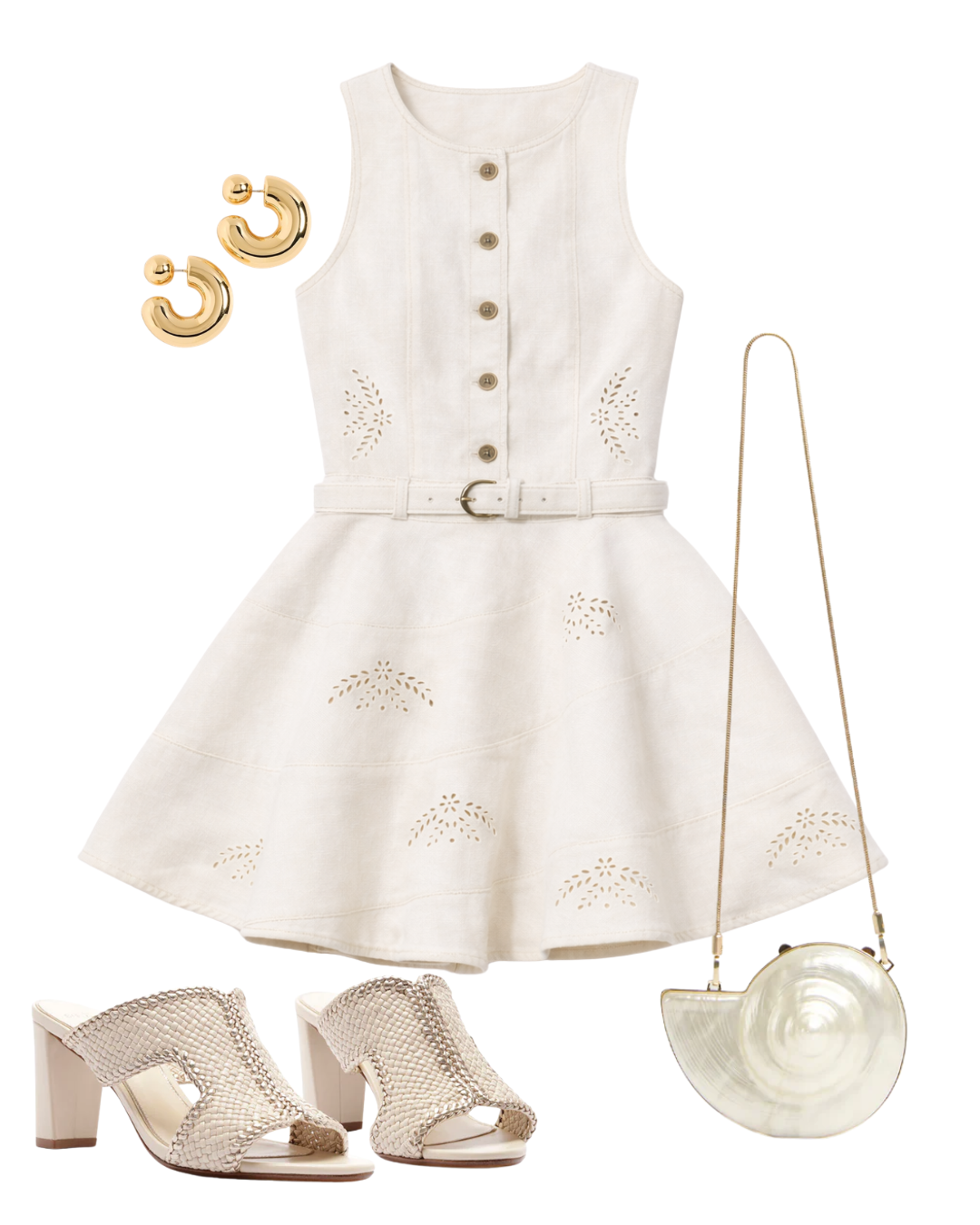 A complete styled outfit consisting of Cream Broderie Denim Sleeveless Mini Dress, Marion Shell Clutch, Odara 75 Eggshell Sandal, Tome Hoops Medium in High Polish Gold — Shop The Look — AMY Atelier