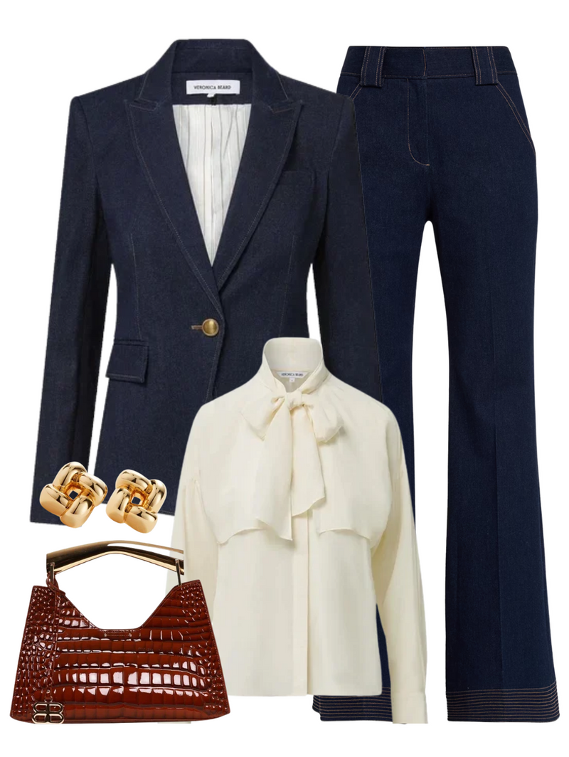 A complete styled outfit consisting of Lancelor Pant in Midnight Wash, Single Breasted Miller Dickey Jacket in Midnight Wash, Darlis Blouse in Dove White, Vegan Croc Embossed Poline Mini Bag in Red, Medium Woven Square Earrings in High Polish Gold — Shop The Look — AMY Atelier
