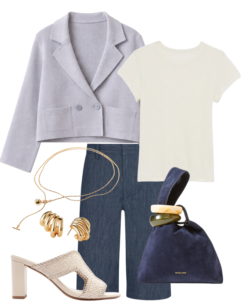 A complete styled outfit consisting of Denim Bermuda Trousers, Tia Relaxed Blazer, Yael Cropped Baby Tee in Gardenia, Veronica Beard Suede Swing Clutch, Odara 75 Eggshell Sandal, Monroe Earrings in High Polish Gold, Constance Wrap Chain — Shop The Look — AMY Atelier