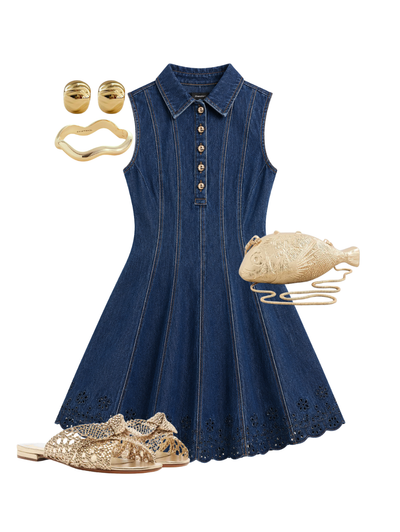 Denim Broderie Mini Dress in Blue — Shop The Look | AMY Atelier
