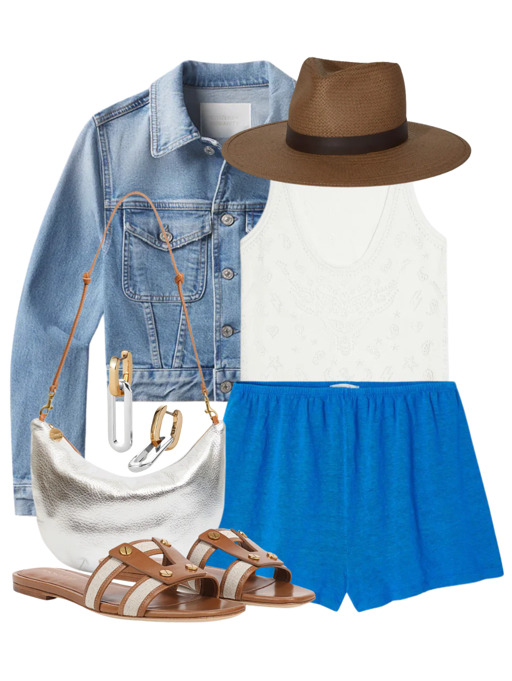 A complete styled outfit consisting of Dualy Short in Curacao, Jossy Bandana Pointelle Tank, Zoe Packable Straw Hat, Lune Lamba Bag in Silver, Via Fabric and Leather Slide Sandal, Teeni Detachable Link Earrings — Shop The Look — AMY Atelier