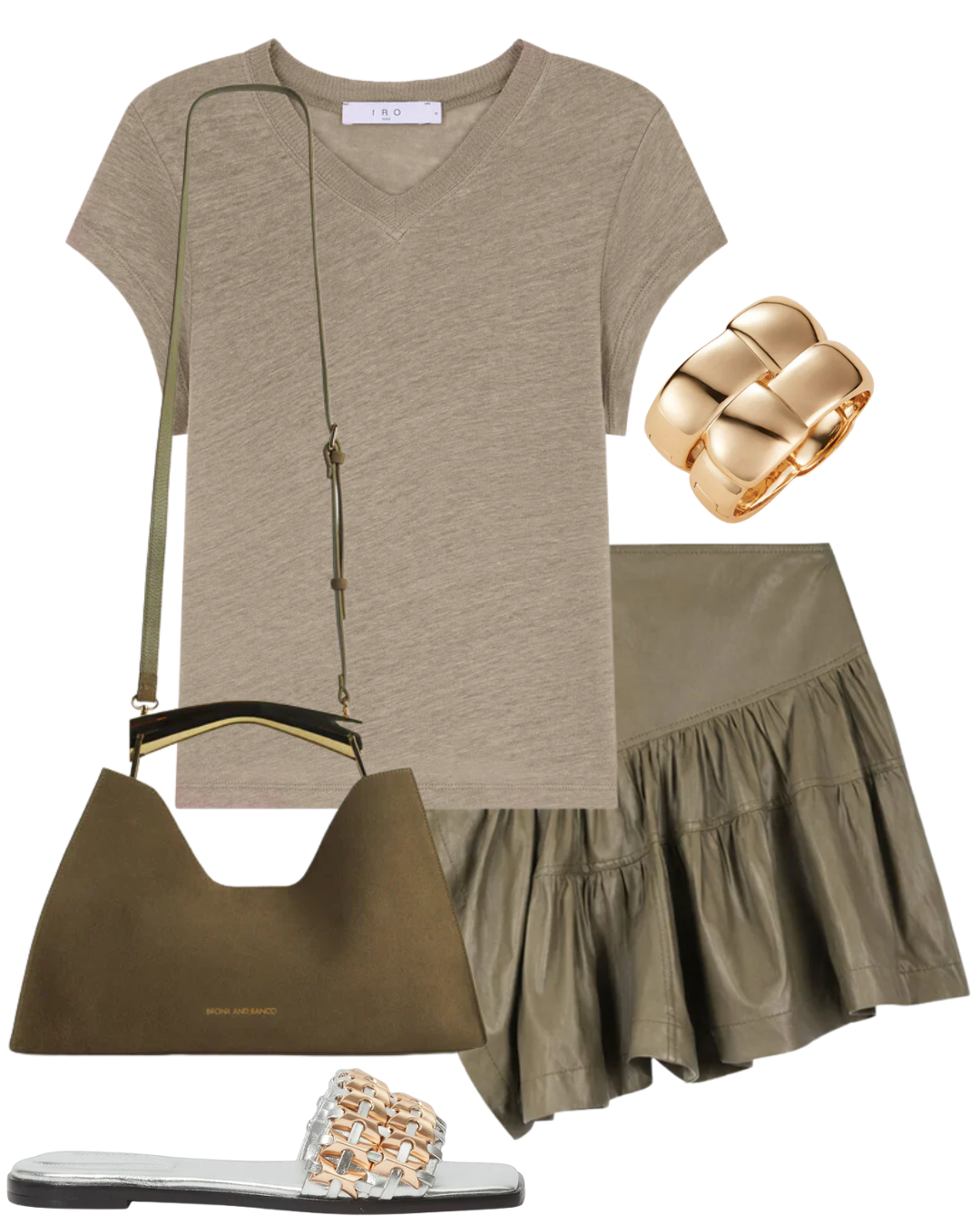 A complete styled outfit consisting of Ekin Leather Asymmetrical Skirt, Sybel Linen V-Neck Tee in Olive Green, Poline Midi Bag in Cocoa Suede, Faye Beaded Metallic Leather Flats, Mega Woven Square Bangle in High Polish Gold — Shop The Look — AMY Atelier