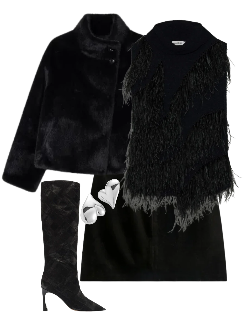 A complete styled outfit consisting of Elinor Sleeveless Top in Black, Mallow Faux Mink Jacket in Dark Grey, Petra Skirt in Black, Annelise Boot 85 in Black, Mega Art Heart Button Earrings in High Polish Silver — Shop The Look — AMY Atelier