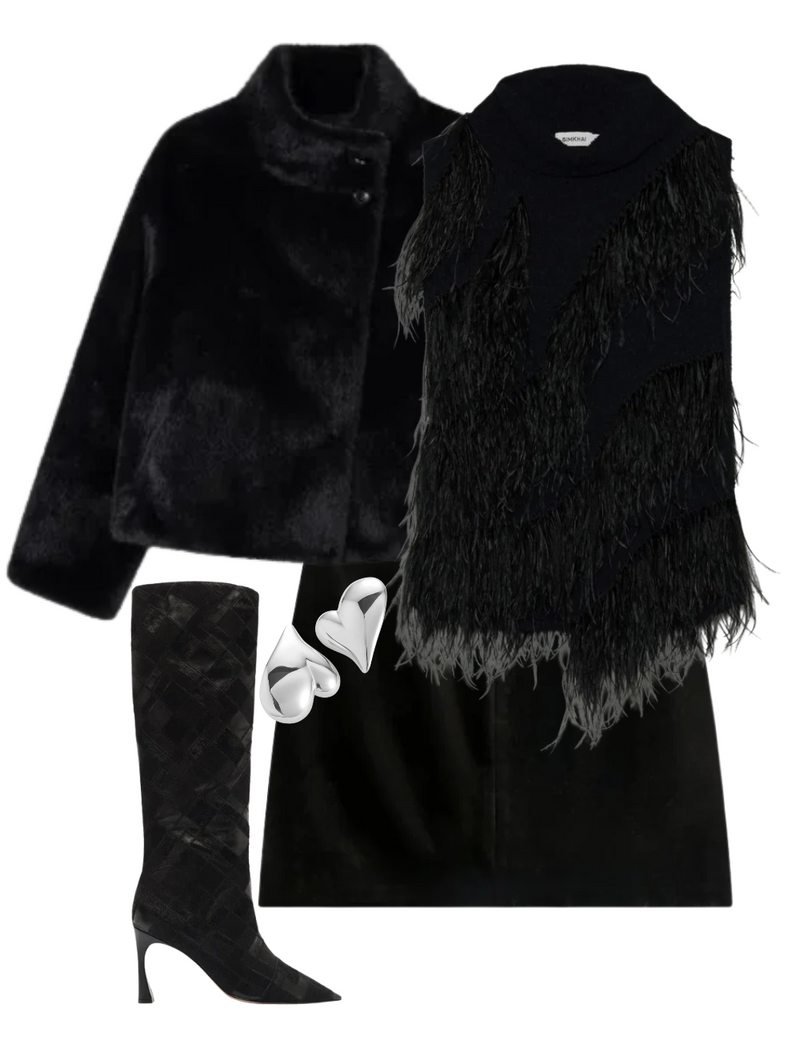 A complete styled outfit consisting of Elinor Sleeveless Top in Black, Mallow Faux Mink Jacket in Dark Grey, Petra Skirt in Black, Annelise Boot 85 in Black, Mega Art Heart Button Earrings in High Polish Silver — Shop The Look — AMY Atelier