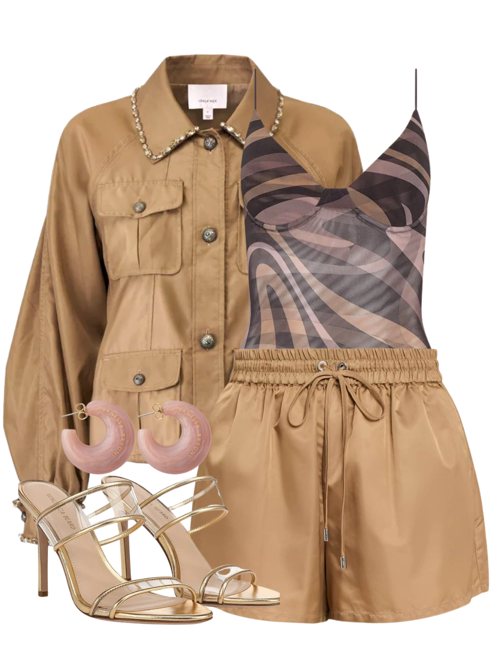 A complete styled outfit consisting of Elowen Underwire Bodysuit in Sepia Swirl, Rhinestone Chain Adami Jacket in Brown Sandstone, Kendra Short in Brown Sandstone, Asha Stiletto Sandal, Moon Earring in Blush Marble — Shop The Look — AMY Atelier