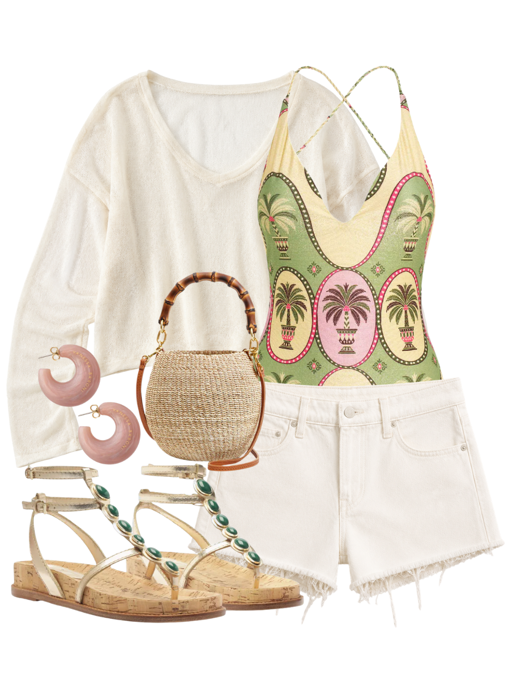 A complete styled outfit consisting of Epaky Top in Ecru, Palma Azania One Piece, Dodger Short Fray Natural Selection, Petit Bamboo Handle Pot de Miel, Jade Golden T-Strap Sandal, Moon Earring in Blush Marble — Shop The Look — AMY Atelier