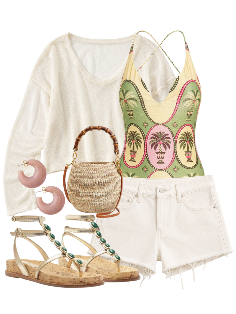 A complete styled outfit consisting of Epaky Top in Ecru, Palma Azania One Piece, Dodger Short Fray Natural Selection, Petit Bamboo Handle Pot de Miel, Jade Golden T-Strap Sandal, Moon Earring in Blush Marble — Shop The Look — AMY Atelier