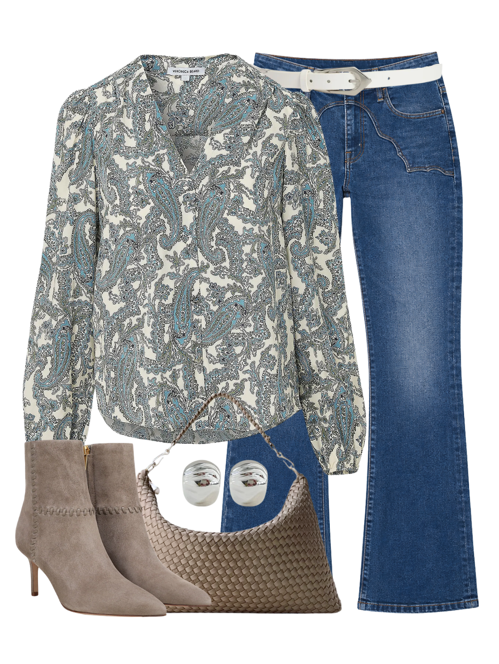 A complete styled outfit consisting of Farah Blouse in Ecru Multi, The Buckle Bunny Hustler Skimp Jean in Cosmic Cowgirl, Cuff B Thin Leather Belt, Porto Medium Half Moon Bag In Cashmere, Lisa 70 Whipstitch Boot in Bark, Nelle Hoops in High Polish Silver — Shop The Look — AMY Atelier