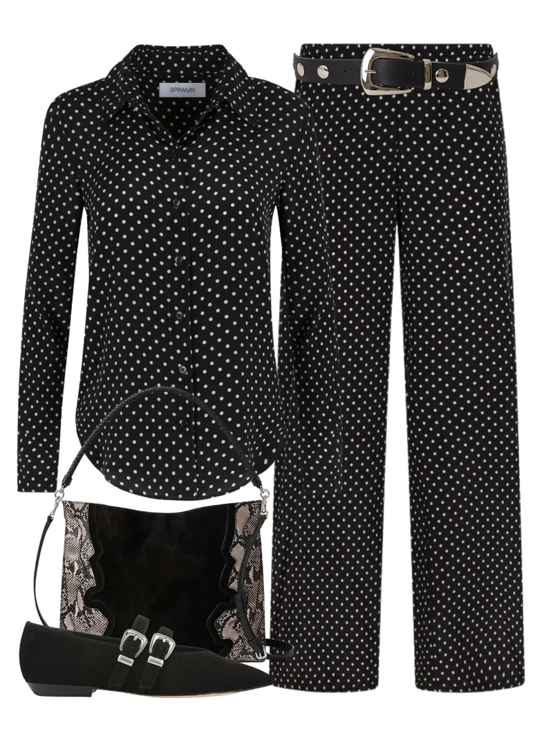 A complete styled outfit consisting of Fitted Button Up in Black Polka Dot, Wide Leg Easy Pants In Black Polka Dot, Jordana Mini Moto in Black Silver, Snake Embossed Veronica Beard Bag in Black Multi, Bancroft Buckles Shoe In Black — Shop The Look — AMY Atelier