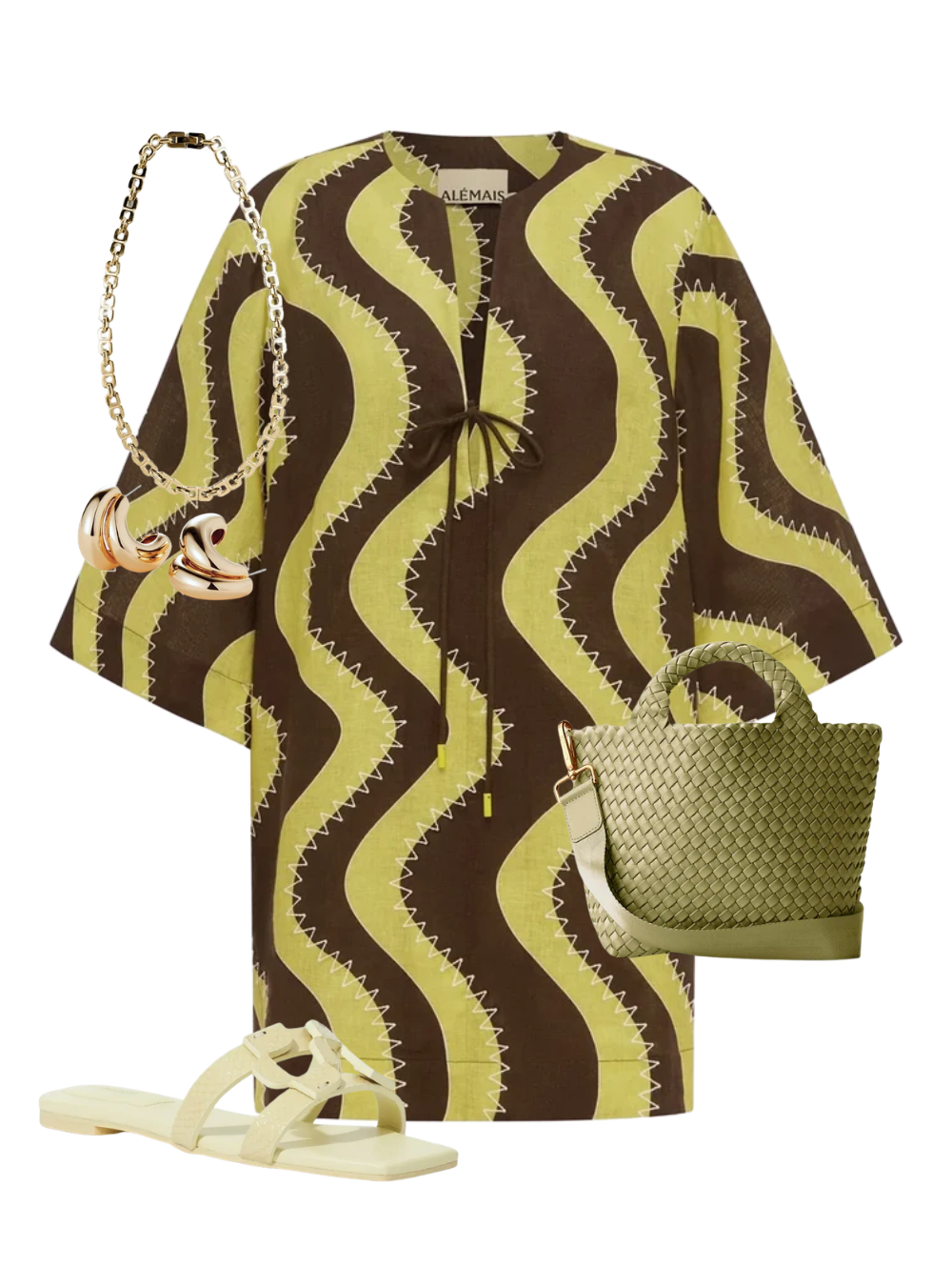 A complete styled outfit consisting of St. Barths Small Tote In Bottle Green, Frankie Mini Dress, Simkhai Monogram Snake Leather Flat Slide, Orla Earrings in High Polish Gold, Rome Chain in High Polish Gold — Shop The Look — AMY Atelier