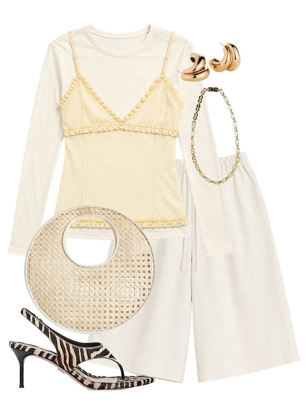 A complete styled outfit consisting of Freda Long Sleeve Cotton Top in Pearl, Issa Relaxed Drawstring Culotte in Gardenia, Anouk Bag In Cream Rattan, Talon-2 Heel In Ziger Brown, Orla Earrings in High Polish Gold, Rome Chain in High Polish Gold — Shop The Look — AMY Atelier
