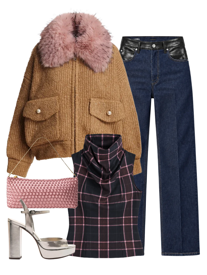 A complete styled outfit consisting of Gala Clutch Satin in Flor, Kanada Knitted Jacket With Fur in Camel Club, Funnel Neck Shell in Fig Plaid, Morgan Jean in Rinse Detox, Amy Sandal 110 in Grafite — Shop The Look — AMY Atelier