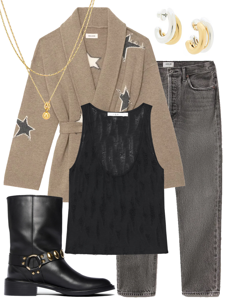 A complete styled outfit consisting of Galadriel Round Neck Tank, Alpa Stars Cardigan Coat, 90's Pinch Waist Crop in Audit, Aeri Moto Boot, Constance Wrap Chain, Florence Earrings in Two Tone — Shop The Look — AMY Atelier