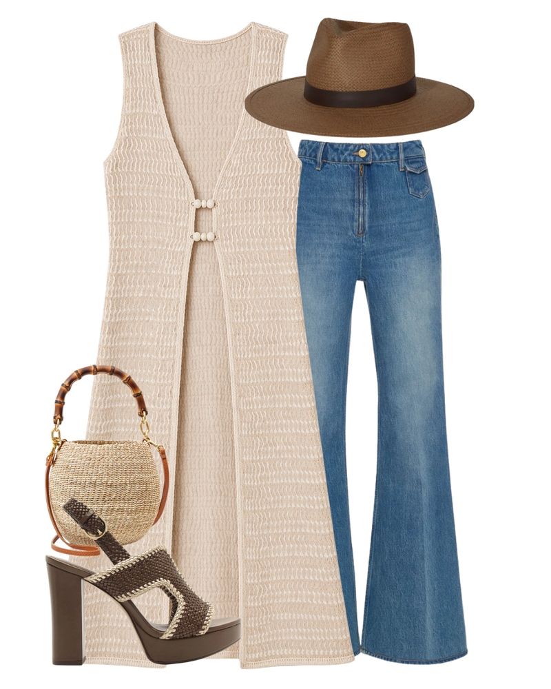 A complete styled outfit consisting of Garcelle Robe, The Odelia Wide Leg Jean in Danube, Zoe Packable Straw Hat, Petit Bamboo Handle Pot de Miel, Odara 120 Mousse Sandal — Shop The Look — AMY Atelier