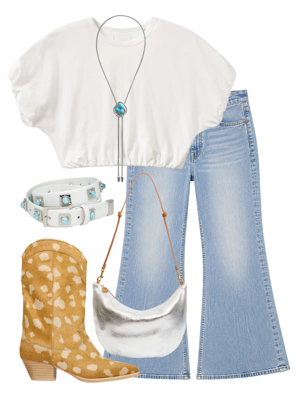 A complete styled outfit consisting of Gia Bubble Tee in Soft White, Lil Hustler Roller Sneak Jean in I Confess, NO. 2 Belt in Chalk Studded With Silver Plating, Lune Lamba Bag in Silver, Loretta Boot in Spotted Haircalf, The Joanna Bolo with Turquoise — Shop The Look — AMY Atelier