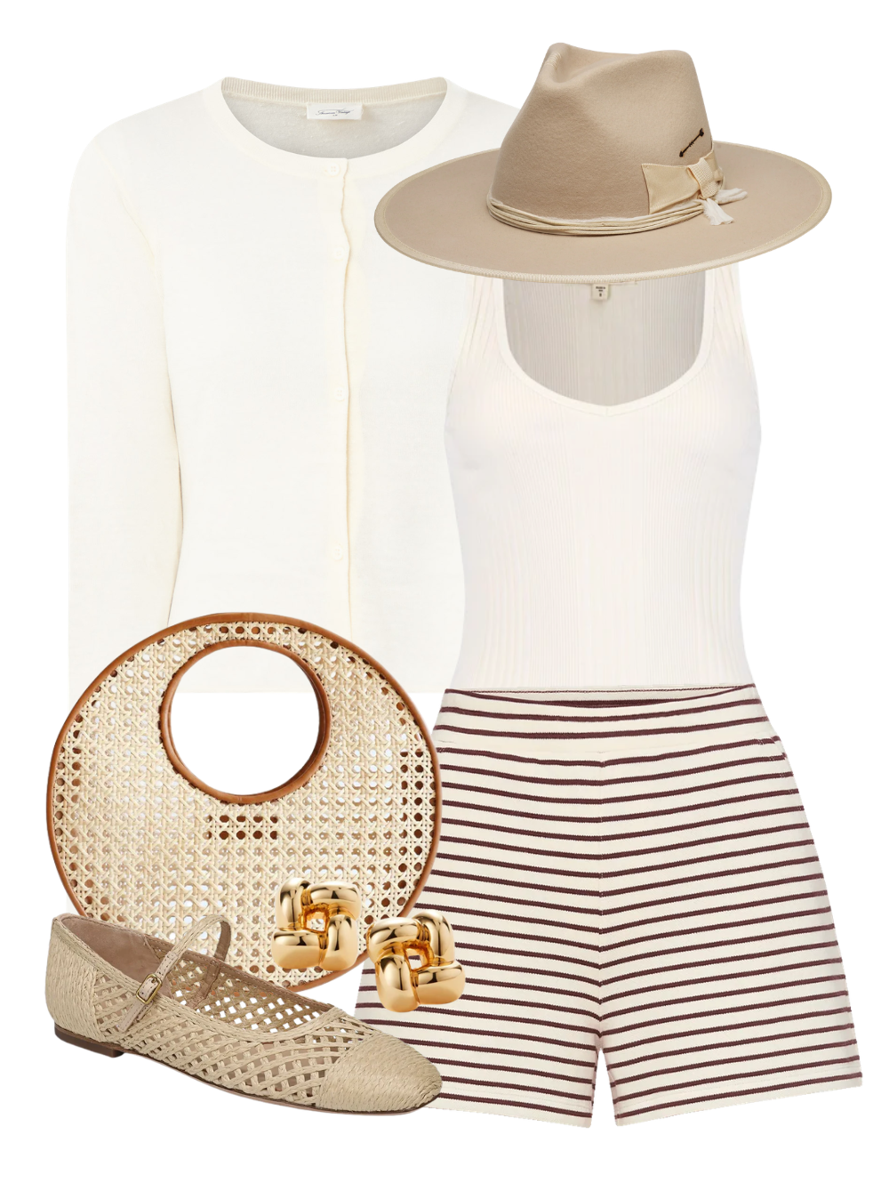 A complete styled outfit consisting of Graham Hat In Bone, Epaky Cardigan in Ecru, Mae Tank in Bone, Brighton Short in Dove, Anouk Bag In Copper Rattan, Ellie Raffia Mary Jane Flat, Medium Woven Square Earrings in High Polish Gold — Shop The Look — AMY Atelier