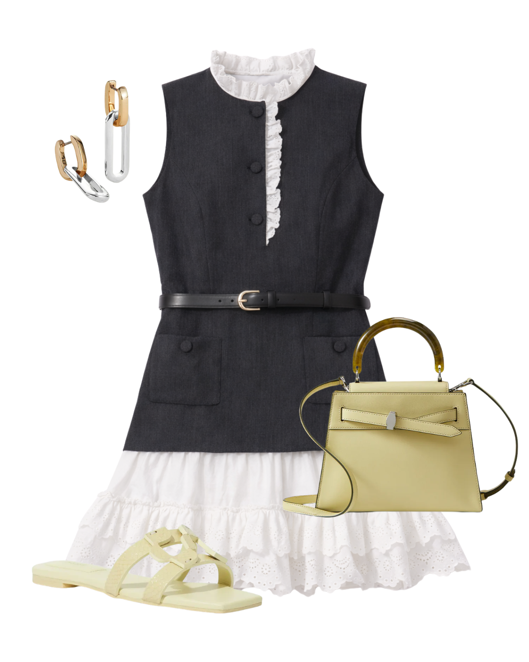 A complete styled outfit consisting of Grey Tailored Cotton Frill Mini Dress, Veronica Beard Dash Top-Handle Bag, Simkhai Monogram Snake Leather Flat Slide, Teeni Detachable Link Earrings — Shop The Look — AMY Atelier
