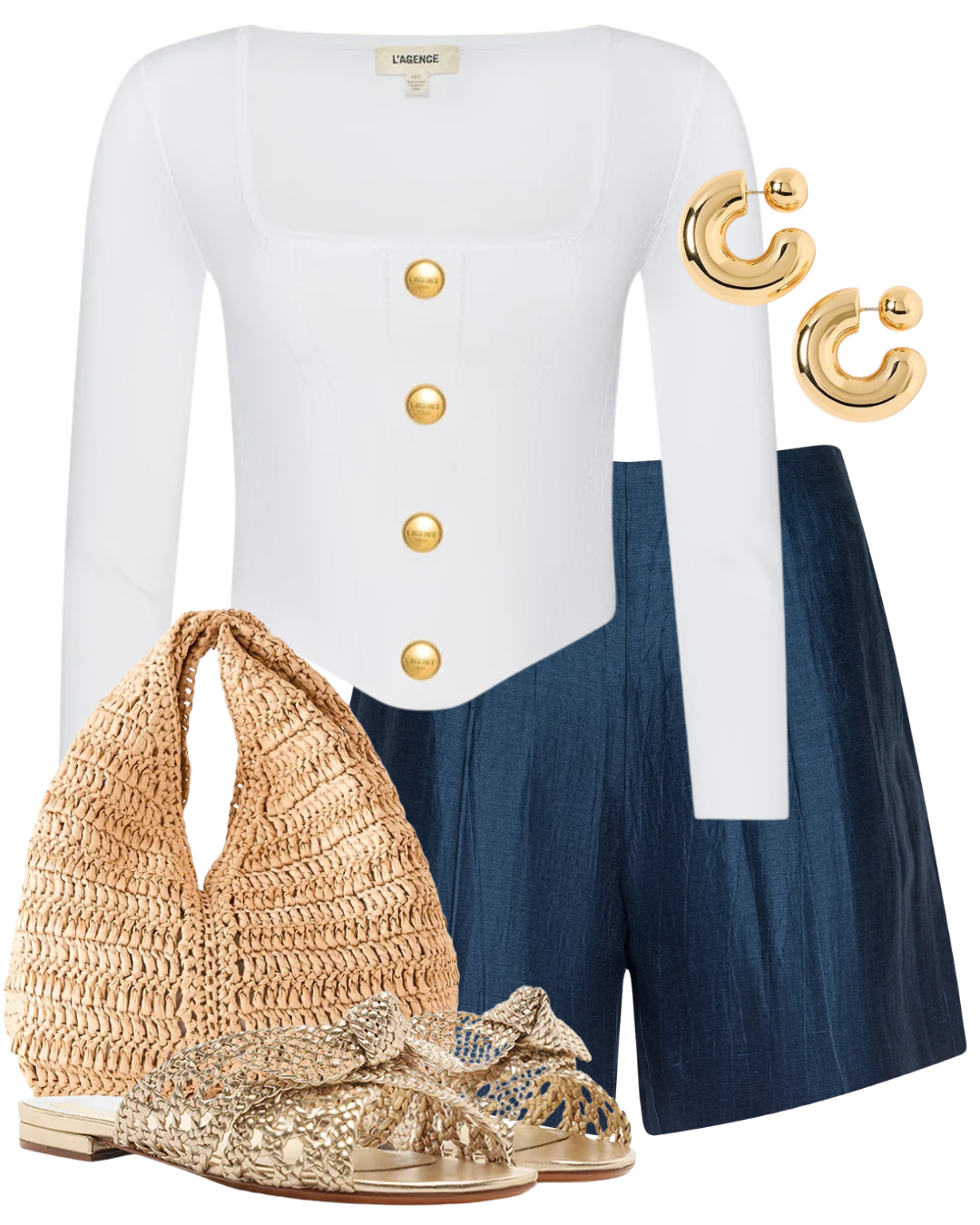 A complete styled outfit consisting of Hadleigh Linen-Blend Short, Sasha Knit Corset Top, Simone Raffia Bag in Desert Palm, Belinda Flat Golden Sandal, Tome Hoops Medium in High Polish Gold — Shop The Look — AMY Atelier