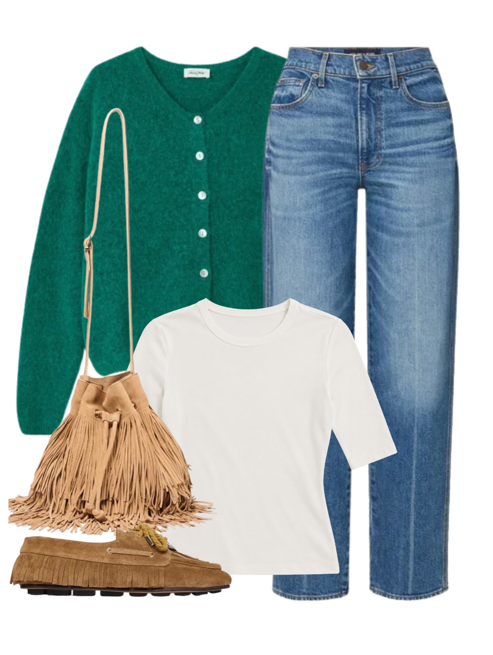 A complete styled outfit consisting of Vitow Cardigan in Canard Chine, Supima Cotton New Classic Half Sleeve Tee in Cloud, Harley Jean with Crease in Memory Lane, Marena Suede Fringe Crossbody in Light Camel, Ramona Shoe in Chestnut — Shop The Look — AMY Atelier