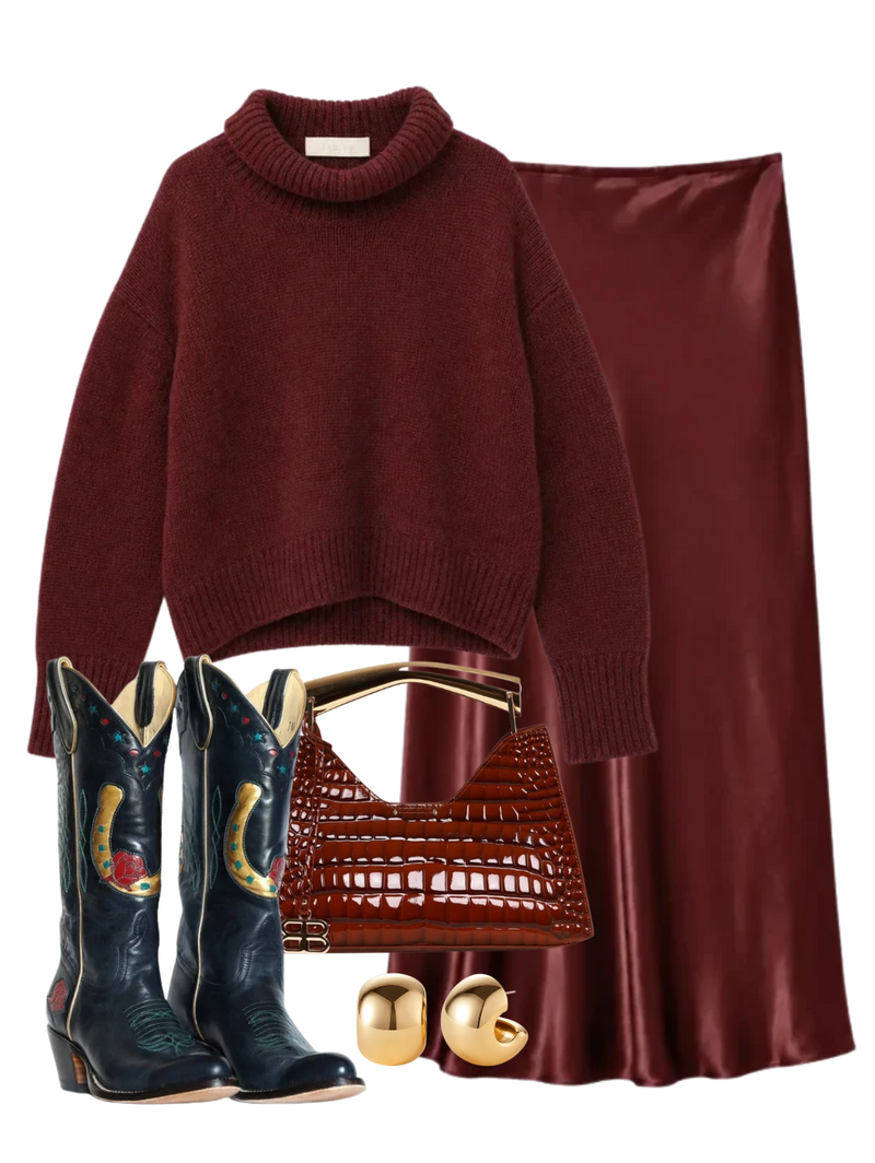 A complete styled outfit consisting of Scarlett Mock Neck Drop Shoulder in Cabernet, Miranda Scallop Trim Bias Cut Pull on Skirt in Cabernet, Vegan Croc Embossed Poline Mini Bag in Red, Horse Girl Women's Cowboy Boots in Navy, Gemma Hoop Earrings — Shop The Look — AMY Atelier