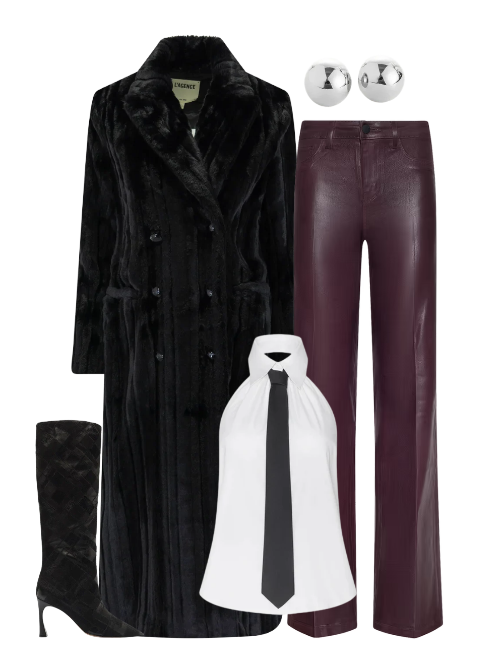 A complete styled outfit consisting of Wren Necktie Halter Top in White/Black, Icelyn Long Coat in Black, Clayton High Rise Wide Leg Pant in Deep Sangria Coated, Annelise Boot 85 in Black, Aurora Studs In High Polish Silver — Shop The Look — AMY Atelier