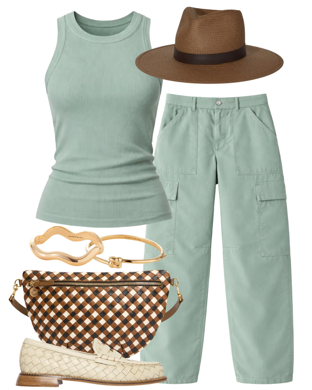 A complete styled outfit consisting of Isabel Rib Tank in Cadet, Marcelle Cargo Pant in Cadet, Zoe Packable Straw Hat, Oat Woven Medium Grande Fanny, Elba Vanilla Woven Loafer, Ola Bangle in Gold, Slim Woven Square Bangle In High Polish Gold — Shop The Look — AMY Atelier