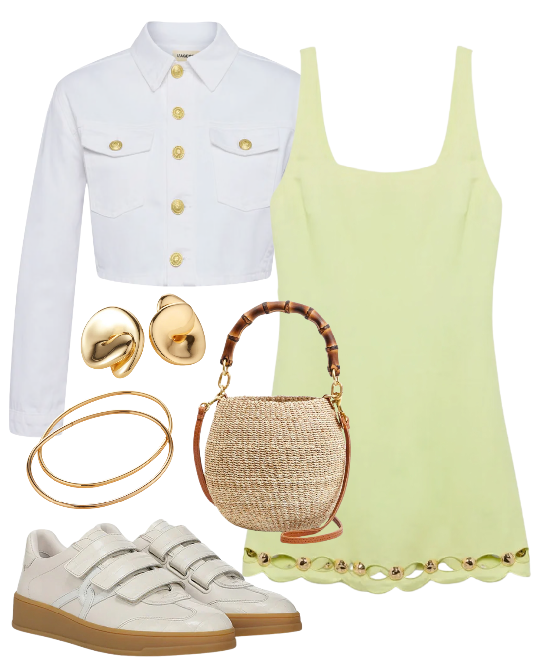 A complete styled outfit consisting of Lindley Studded Linen Midi Dress, Genevie Cropped Denim Jacket, Petit Bamboo Handle Pot de Miel, Reagan Velcro Sneaker in Parchment, Rio Gold Button Earrings, Dane Gold Bangle Set — Shop The Look — AMY Atelier