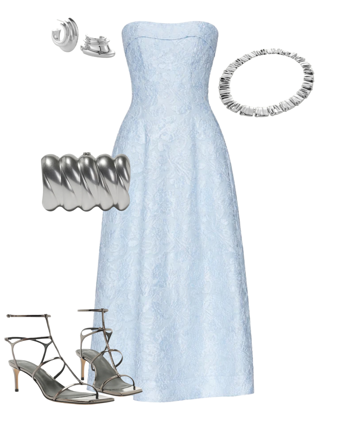 A complete styled outfit consisting of Valeria Jacquard Midi Dress, Reya Silver-Tone Metal Clutch, Amanda 60 Grafite Sandal, Leona Silver Hoop Earrings, Sundra Collar in High Polish Silver — Shop The Look — AMY Atelier