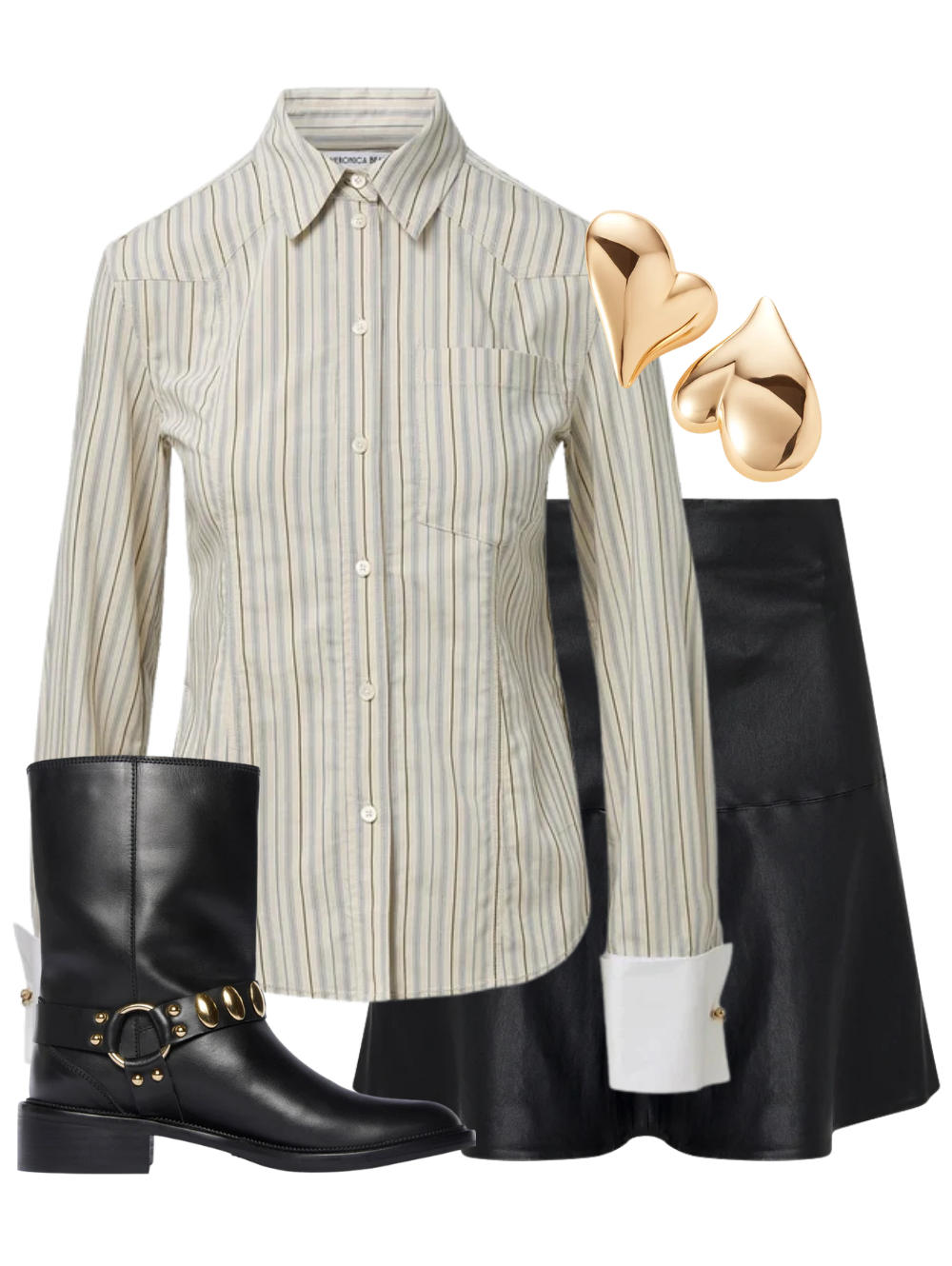 A complete styled outfit consisting of Rourke Top in Ecru Multi, Jane Skirt in Black, Aeri Moto Boot, Mega Art Heart Button Earrings in High Polish Gold — Shop The Look — AMY Atelier