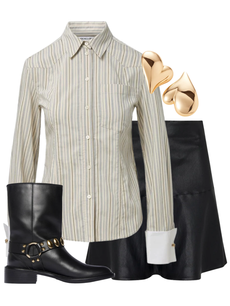 A complete styled outfit consisting of Rourke Top in Ecru Multi, Jane Skirt in Black, Aeri Moto Boot, Mega Art Heart Button Earrings in High Polish Gold — Shop The Look — AMY Atelier