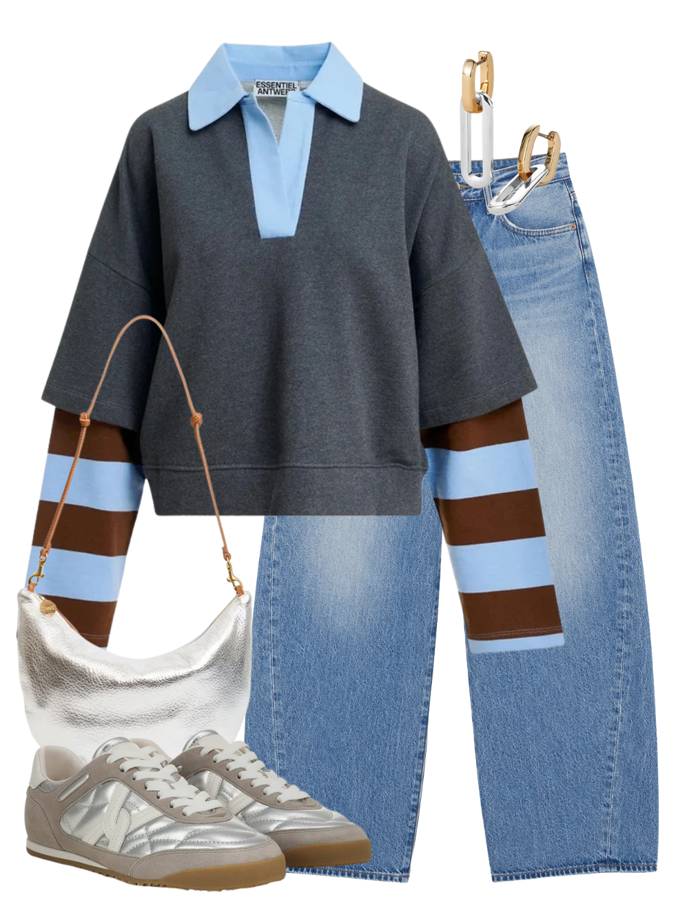 A complete styled outfit consisting of Kantelou Polo Sweatshirt in Steel Pulse, Spiral Jean in Venture, Lune Lamba Bag in Silver, Natalia Sneaker in Silver/Grey, Teeni Detachable Link Earrings — Shop The Look — AMY Atelier