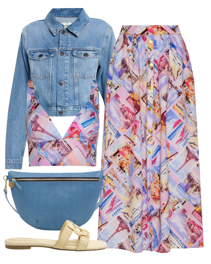 A complete styled outfit consisting of Kaori Bralette Top, The Off Duty Denim Trucker Jacket, Seina Poplin Midi Skirt, Simkhai Monogram Raffia Flat Slide, Desert Blue Perforated Grande Fanny — Shop The Look — AMY Atelier