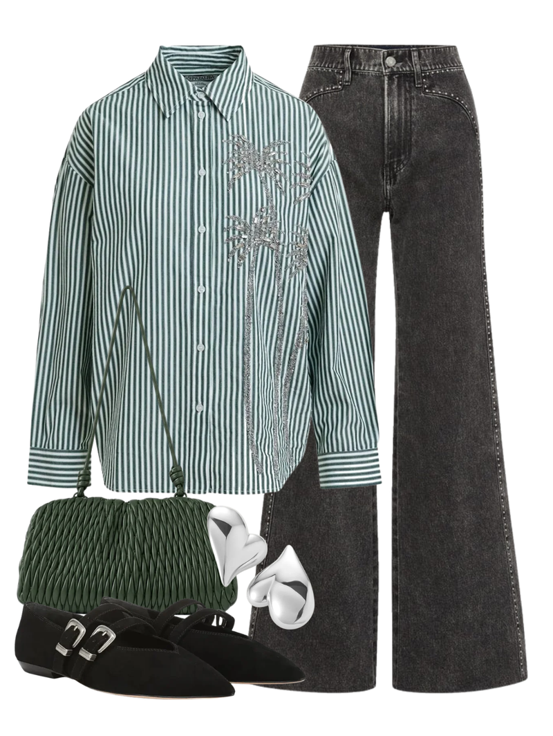A complete styled outfit consisting of Kasper Sequin Palm Tree Shirt in Bottle Green, Grant High Rise Wide Leg Jean in Tornado, Elio Bag in Botanic, Bancroft Buckles Shoe In Black, Mega Art Heart Button Earrings in High Polish Silver — Shop The Look — AMY Atelier