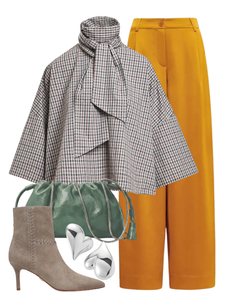 A complete styled outfit consisting of Katerina Wide Leg Pants in Caramel Drip, Kefir Pussy Bow Tie Top in Steel Pulse, Small Crinkle Bag in Sage, Lisa 70 Whipstitch Boot in Bark, Mega Art Heart Button Earrings in High Polish Silver — Shop The Look — AMY Atelier
