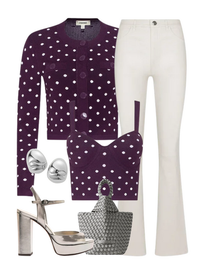 Kota Jacquard Cardigan in Dark Plum/Ivory Polka Dot — Shop The Look | AMY Atelier