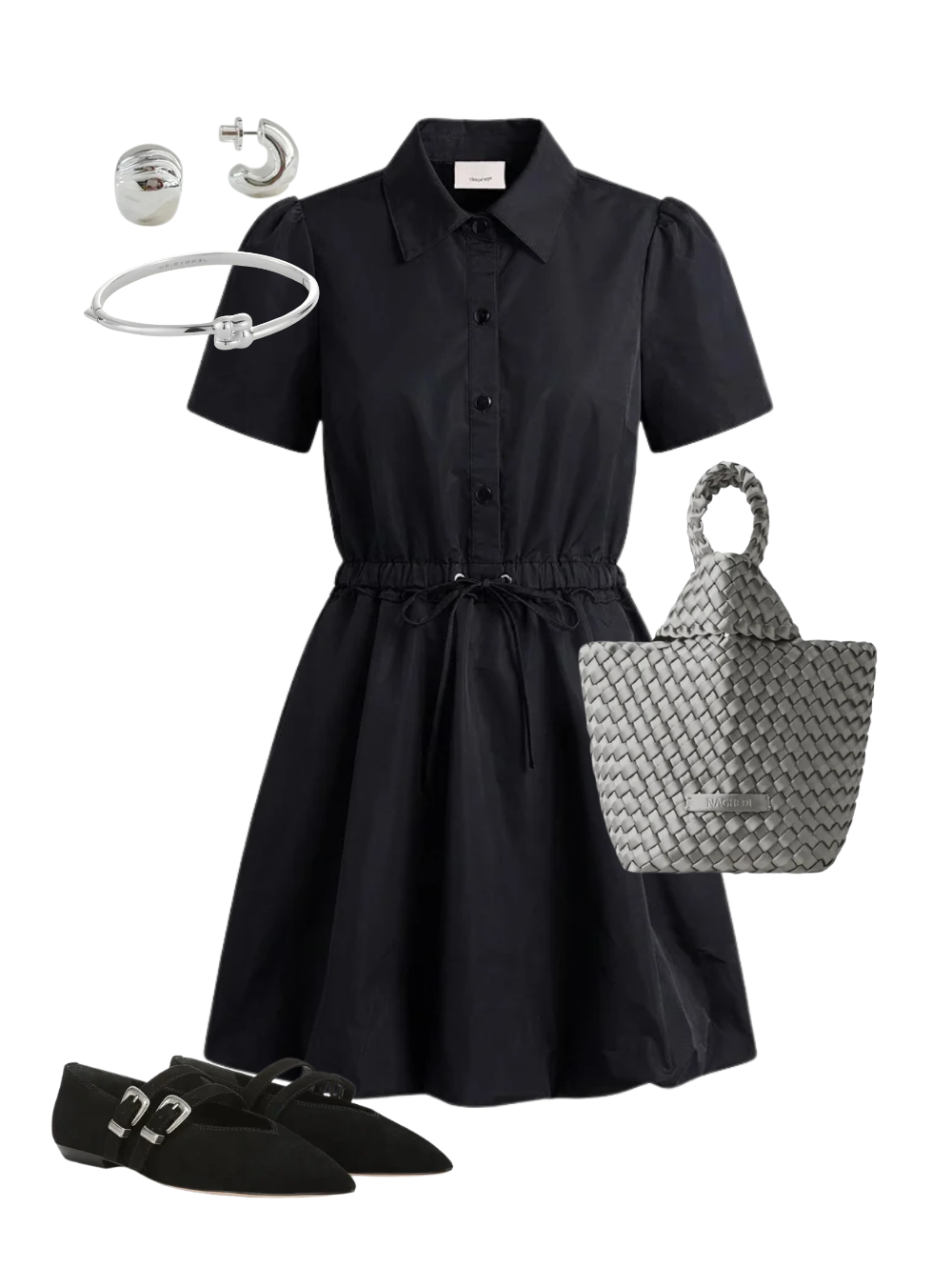 A complete styled outfit consisting of Ophelie Dress in Black, Kyoto Clutch Satin in Graphite, Bancroft Buckles Shoe In Black, Nelle Hoops in High Polish Silver, Slim Woven Square Bangle in Platinum — Shop The Look — AMY Atelier