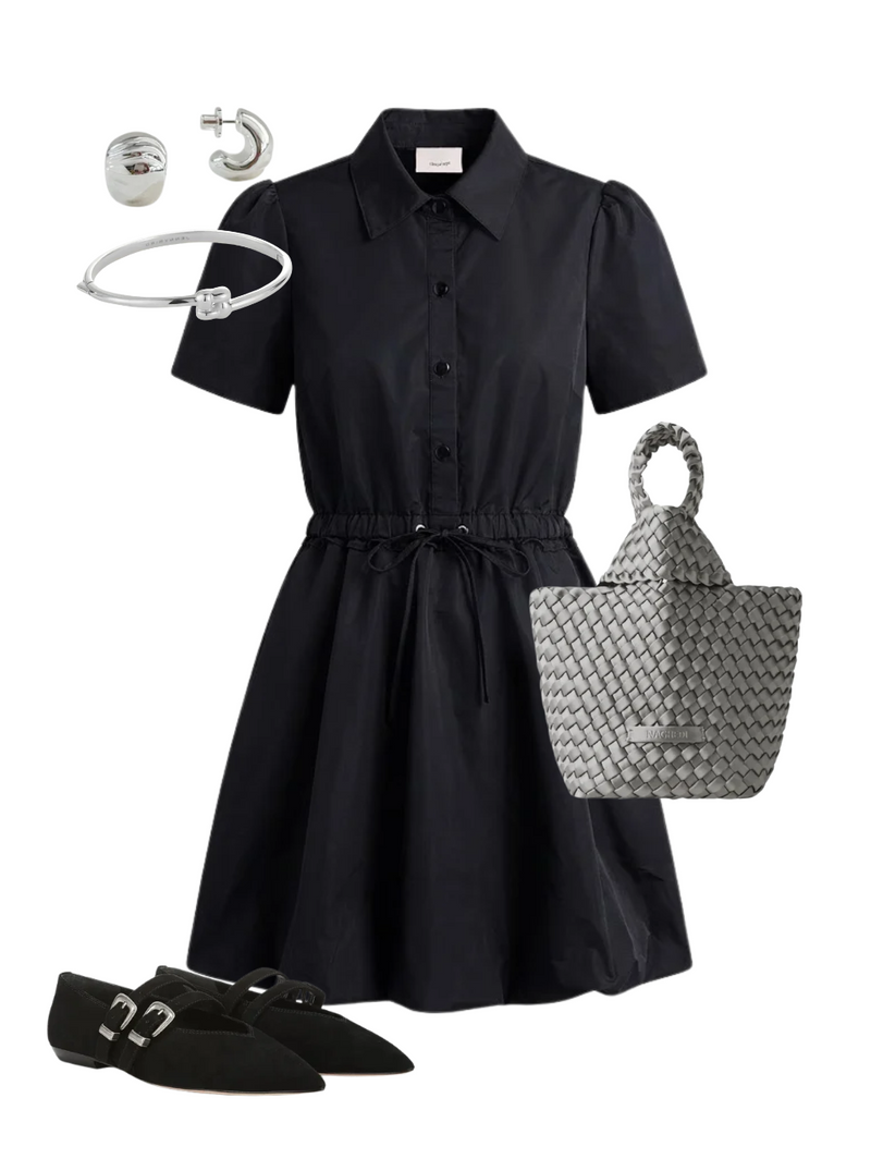 A complete styled outfit consisting of Ophelie Dress in Black, Kyoto Clutch Satin in Graphite, Bancroft Buckles Shoe In Black, Nelle Hoops in High Polish Silver, Slim Woven Square Bangle in Platinum — Shop The Look — AMY Atelier