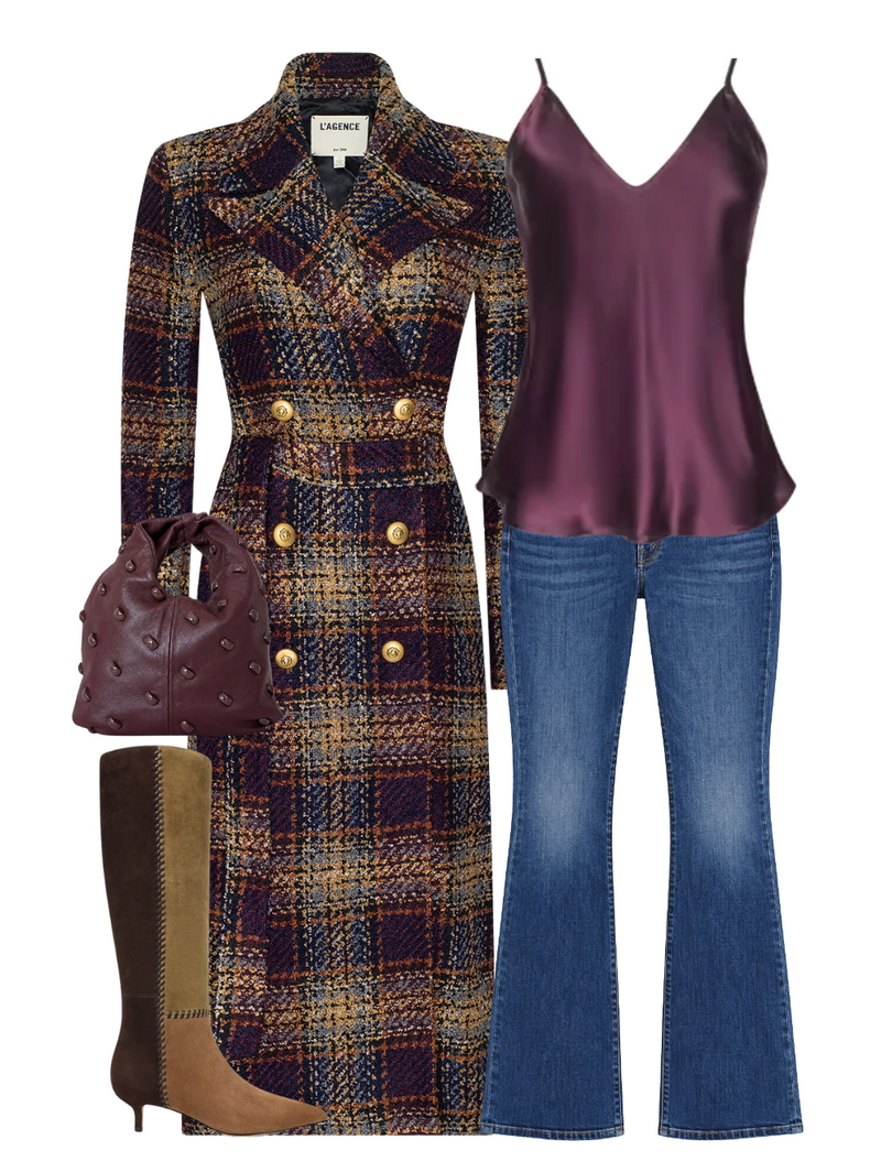 A complete styled outfit consisting of Kolina Long Coat With Belt in Navy/Burgundy Multi Tweed, Lexi Camisole in Deep Sangria, The Weekender Jean in Backstage Pass, Simone Bag in Syrah, Lisa 45 Tall Whipstitch Boot in Chestnut/fennel/espresso — Shop The Look — AMY Atelier