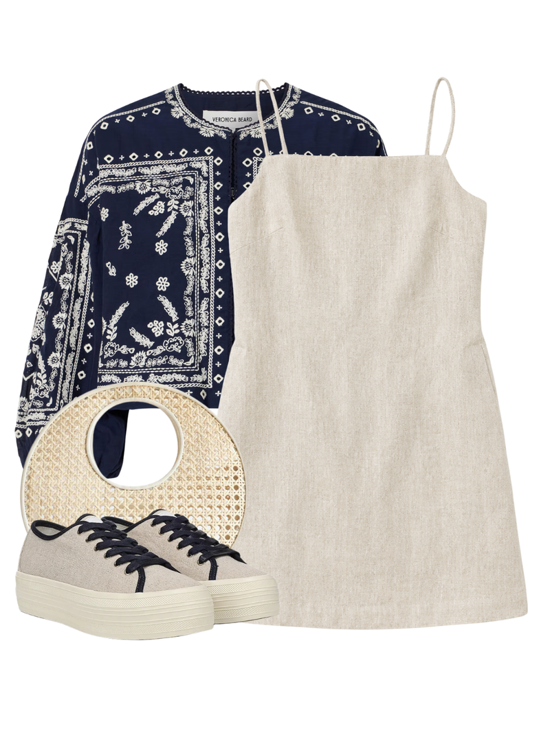 A complete styled outfit consisting of Linen Apron Mini Dress in Jute Heather, Drake Jacket in Navy, Anouk Bag In Cream Rattan, Truett Platform Sneaker — Shop The Look — AMY Atelier