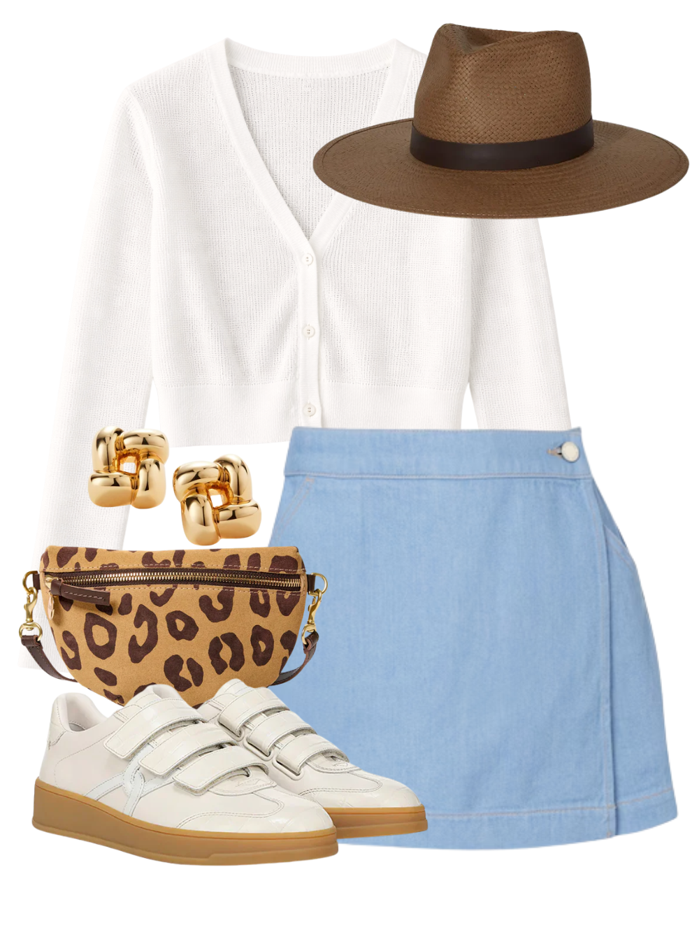 A complete styled outfit consisting of Linen Open Knit Cropped Cardigan in Off White, Phineas Denim Skort, Zoe Packable Straw Hat, Pablo Cat Suede Petite Fanny, Reagan Velcro Sneaker in Parchment, Medium Woven Square Earrings in High Polish Gold — Shop The Look — AMY Atelier