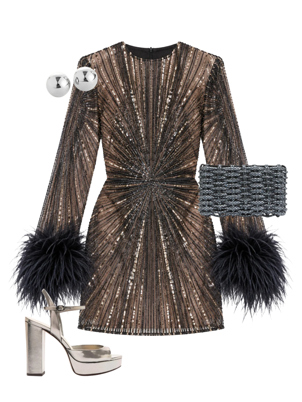 A complete styled outfit consisting of Long Sleeve Embellished Mini Dress with Feather Sleeves in Navy Multi, Morgan Clutch in Black, Amy Sandal 110 in Grafite, Aurora Studs In High Polish Silver — Shop The Look — AMY Atelier