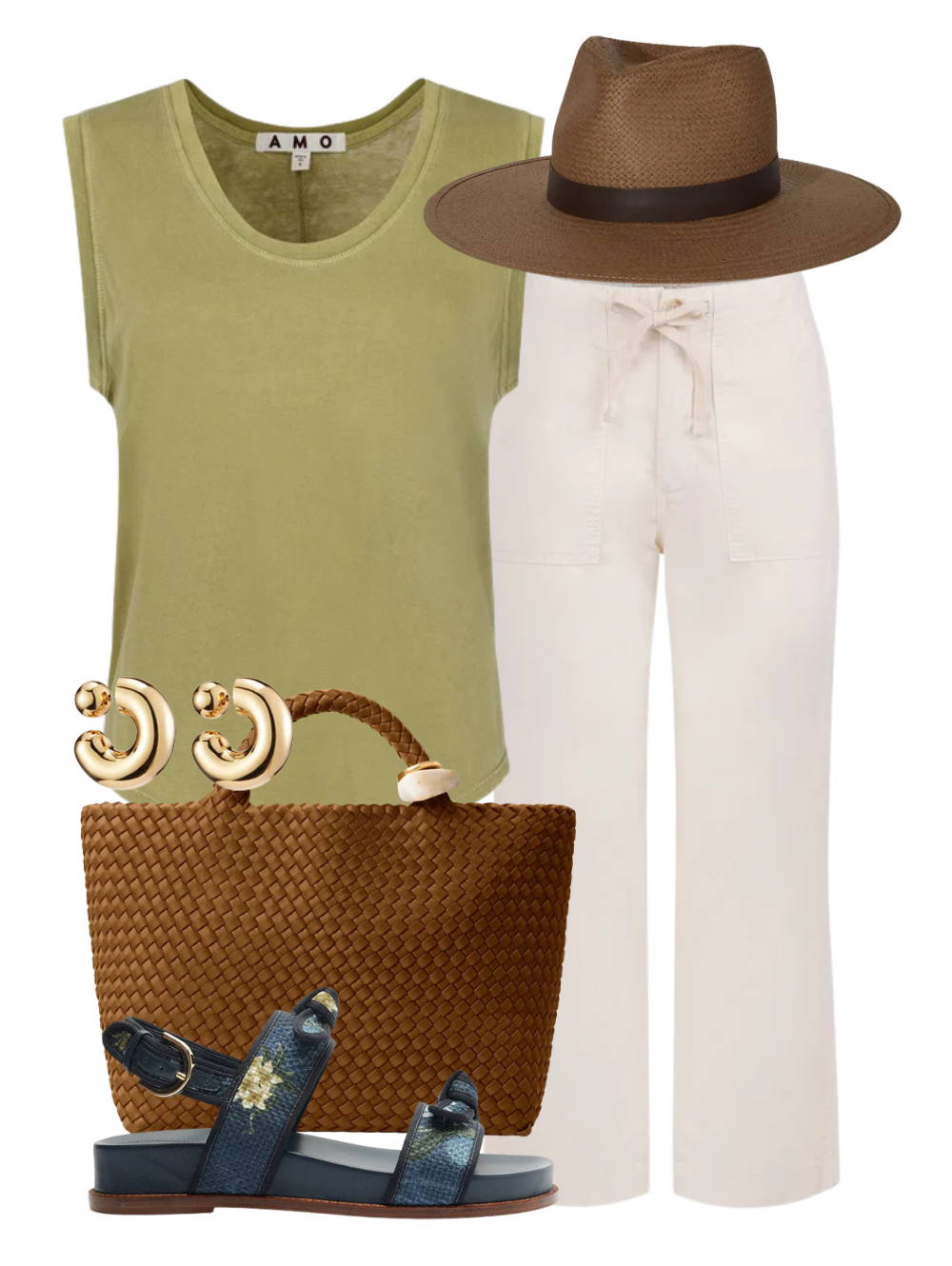 A complete styled outfit consisting of Easy Drawstring Slouch Crop Pant in Bone, Lula Tank in Sprig, Zoe Packable Straw Hat, St. Barths Medium Tote Beads in Teak, Grosgrain Raffia Sport Sandal, Tome Hoops Large In High Polish Gold — Shop The Look — AMY Atelier