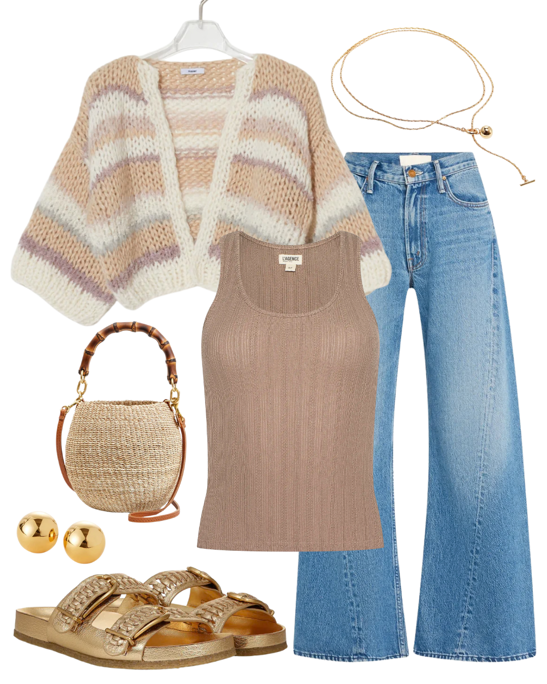 STL Alpaca Short Sleeve Mixed Stripes Cardigan in Creme Beige