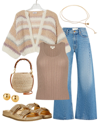 STL Alpaca Short Sleeve Mixed Stripes Cardigan in Creme Beige